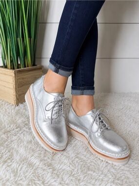 Matisse Vega Metallic Leather Lace Up Platform Chunky Oxfords Silver Size 7M